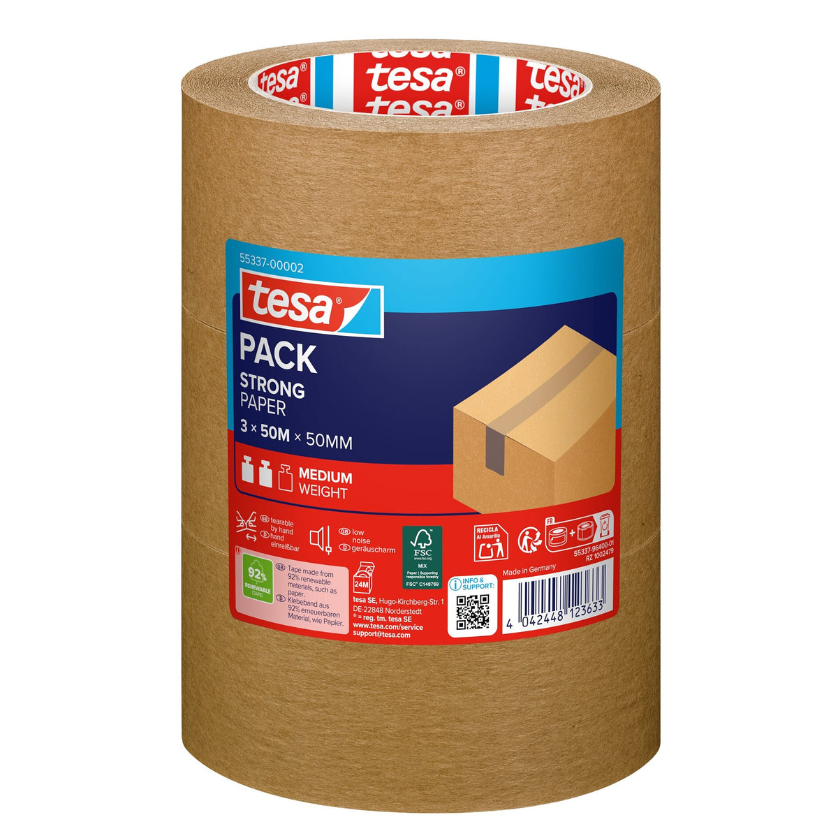 tesapack STRONG PAPER, 50 m x 50 mm, chamois, in a tower roll