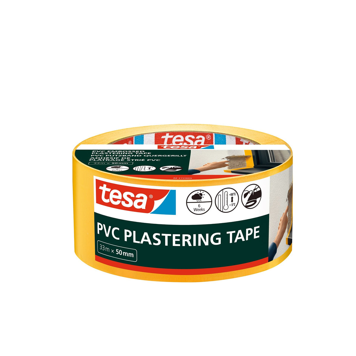 tesa PVC Plastering Tape, Cross-Grooved, 33 m x 50 mm, yellow