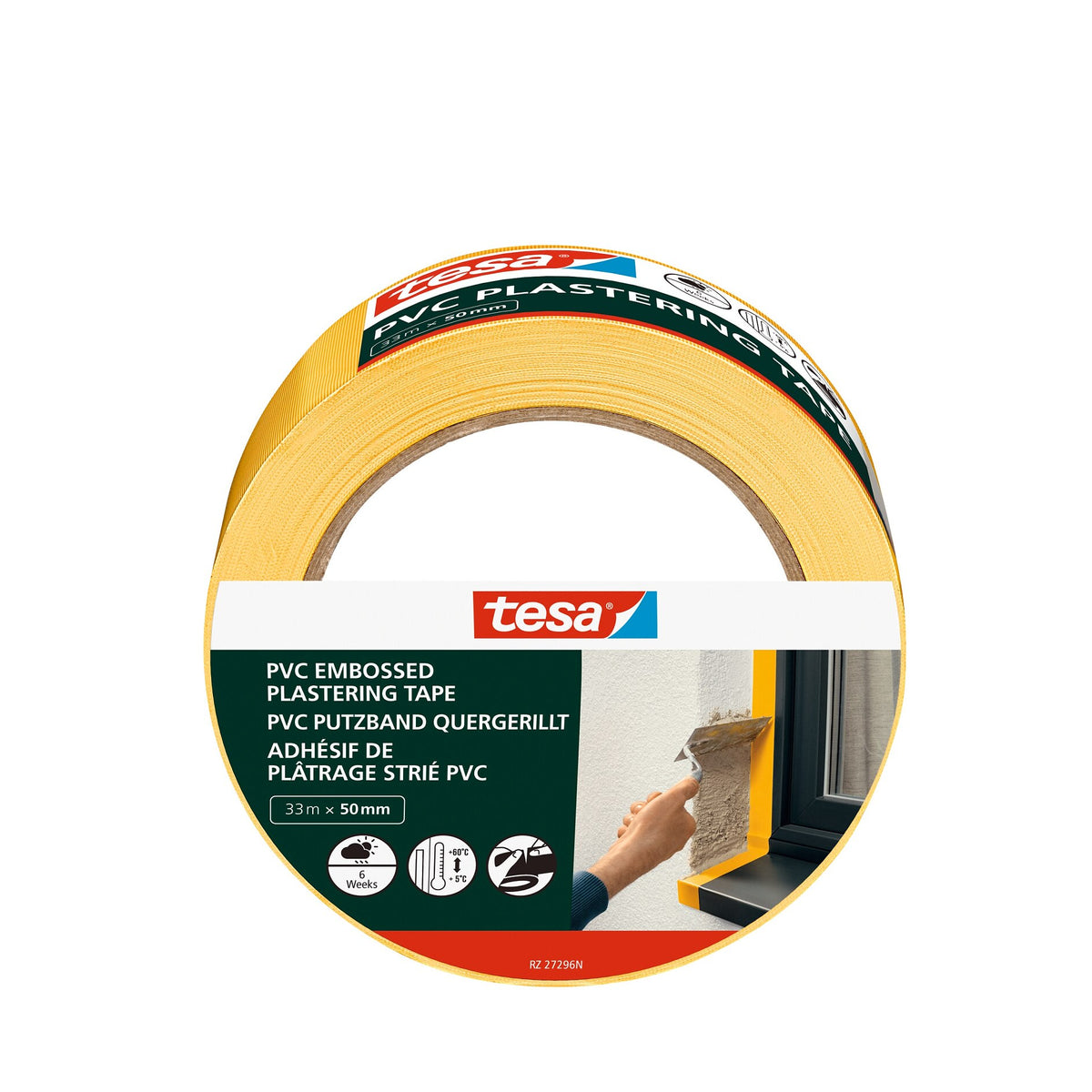 tesa PVC Plastering Tape, Cross-Grooved, 33 m x 50 mm, yellow