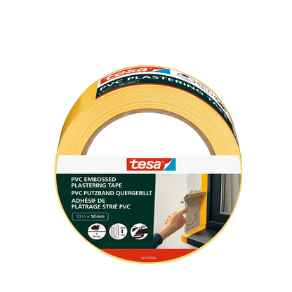tesa PVC Plastering Tape, Cross-Grooved, 33 m x 50 mm, yellow