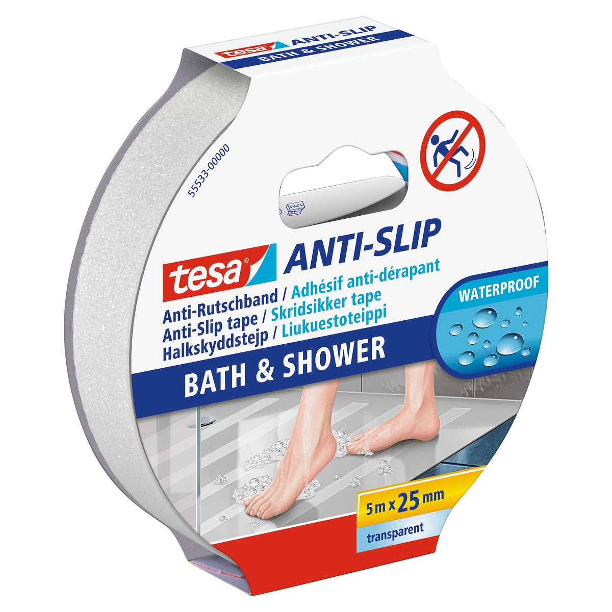 tesa Anti-Slip Tape for Bathrooms & Showers, 5 m x 25 mm, transparent