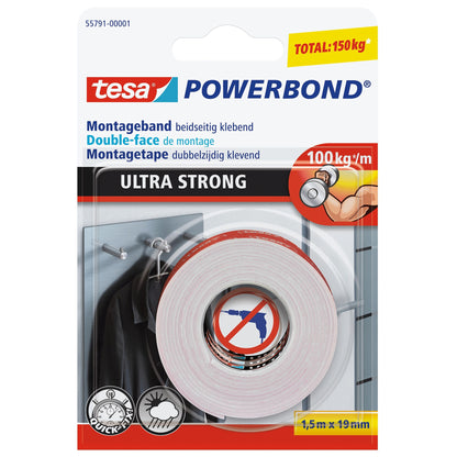 tesa Powerbond ULTRA STRONG Mounting Tape, White, 1.5 m x 19 mm