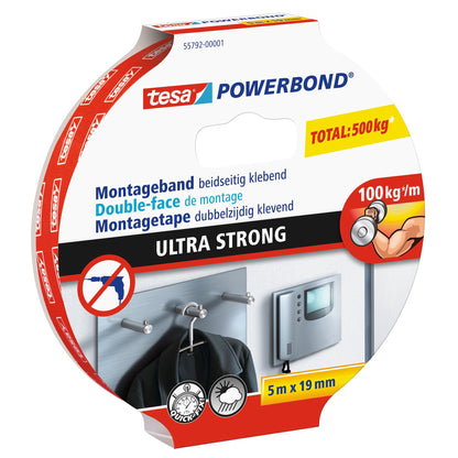 tesa Powerbond ULTRA STRONG Mounting Tape, White, 5 m x 19 mm