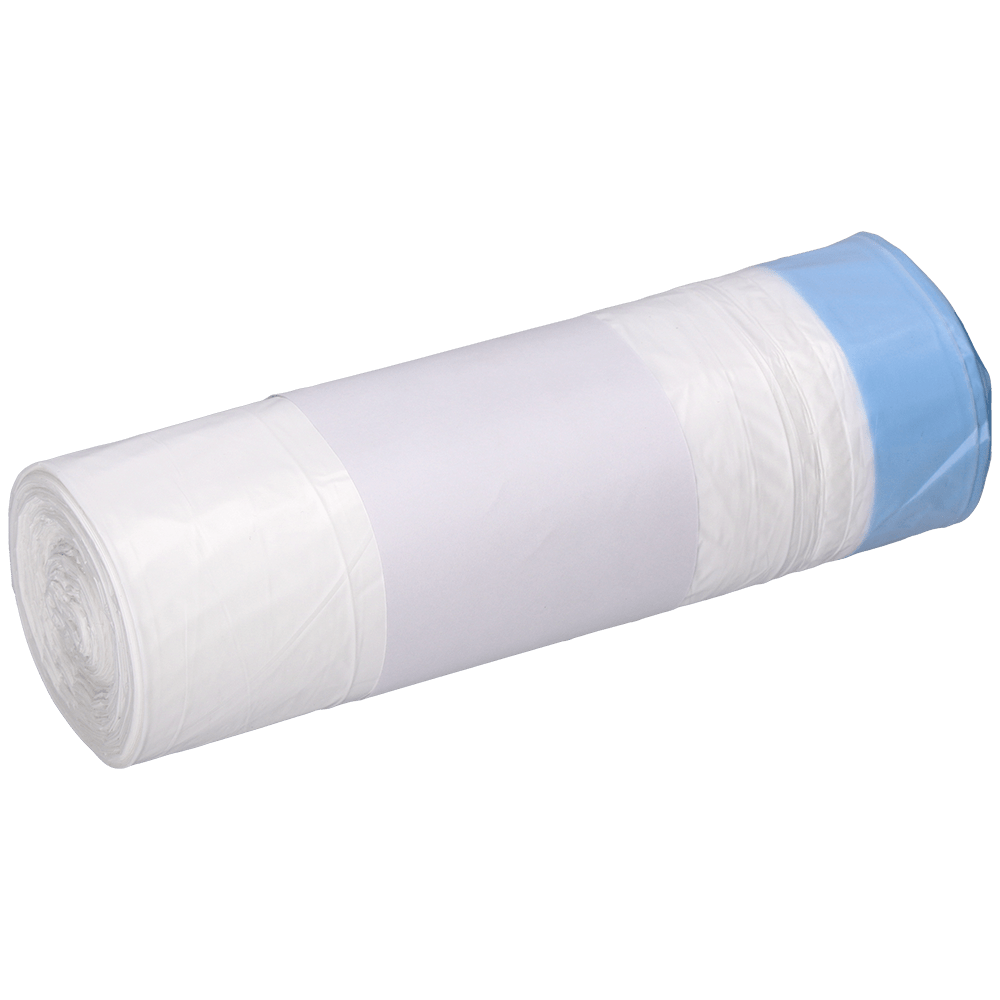 A roll of white DEISS 56004 garbage bags (25 pieces, 500x600+50x0.015 mm) from EMIL DEISS KG (GmbH + Co.), with a blue bag at the end, is wrapped in a plain white label and placed on a light background.