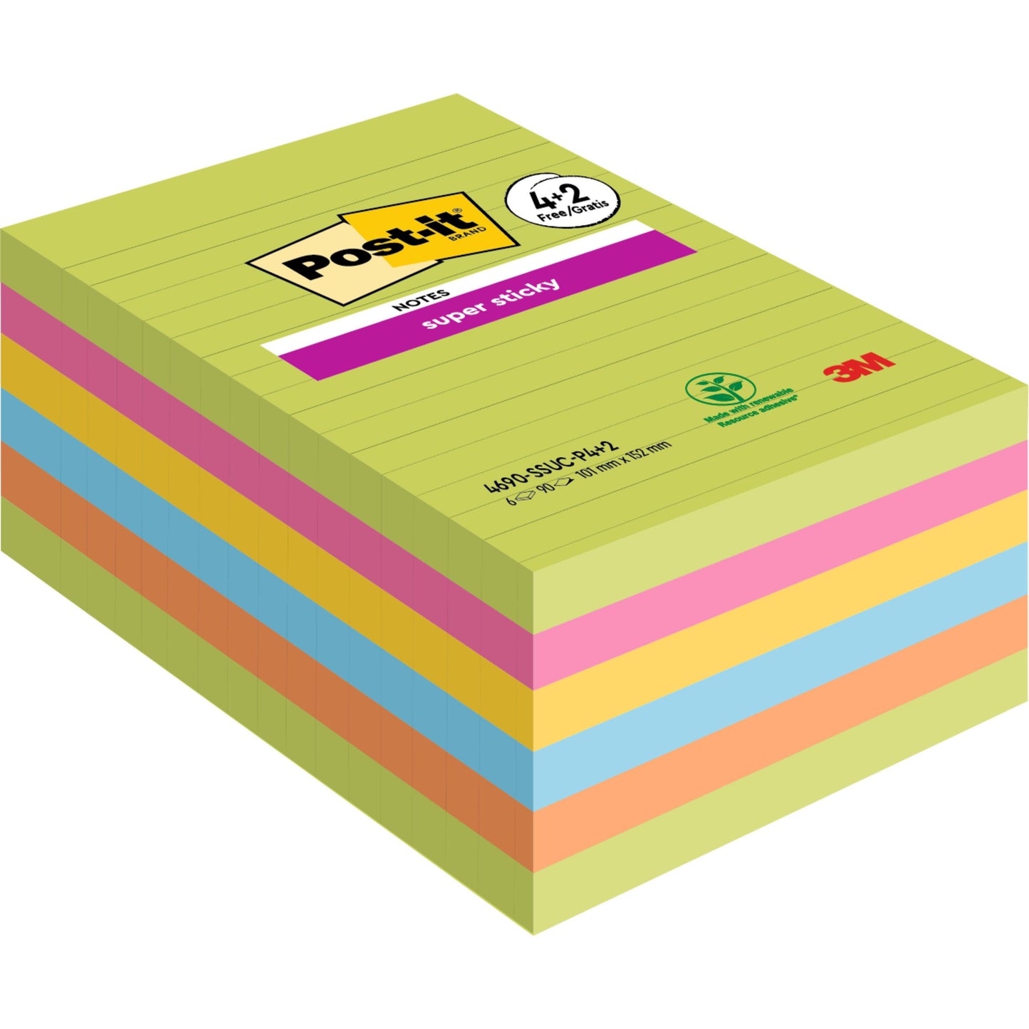 Eine Packung 3M Post-it® Super Sticky Notes im Großformat, liniert, 101 x 152 mm in verschiedenen Farben (90 Blatt/Block, 4 Blöcke + 2 Gratis), haftstark und PEFC-zertifiziert. Das Deckblatt zeigt Linien mit Post-it und 3M Logo.