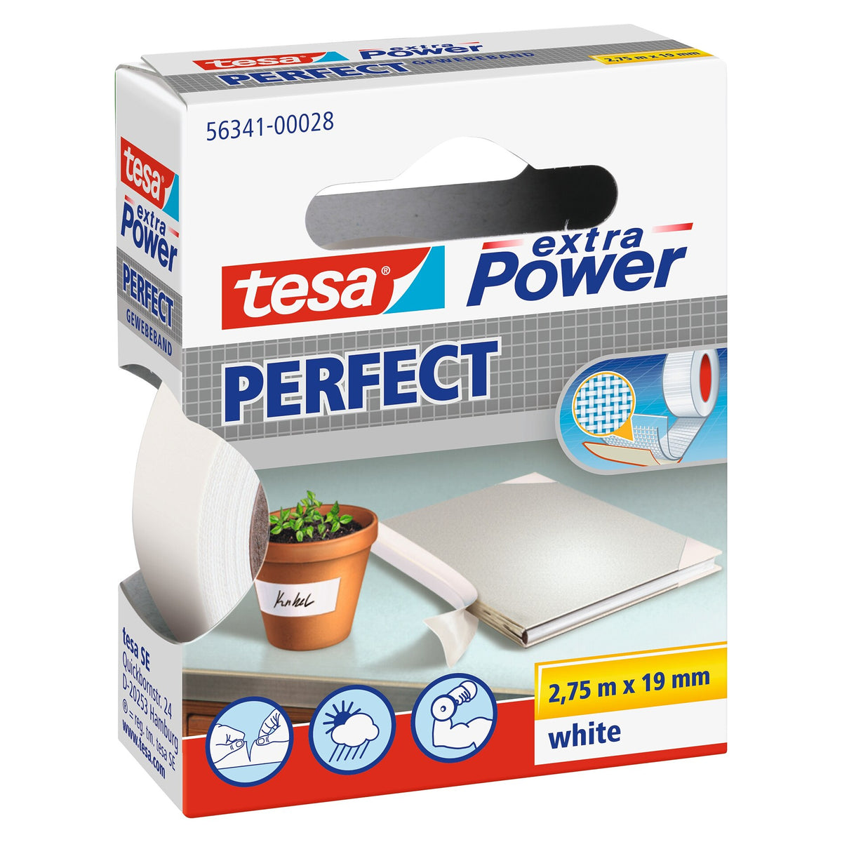 tesa extra Power Perfect Fabric Tape, in a hanging folding box, white, 2.75 m x 19 mm