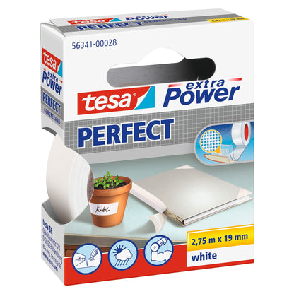 tesa extra Power Perfect Fabric Tape, in a hanging folding box, white, 2.75 m x 19 mm