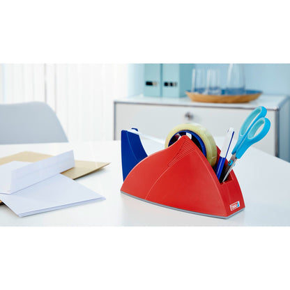 tesa 57421 Easy Cut Table Dispenser, empty, for rolls up to 33 m x 19 mm, red-blue – Usage