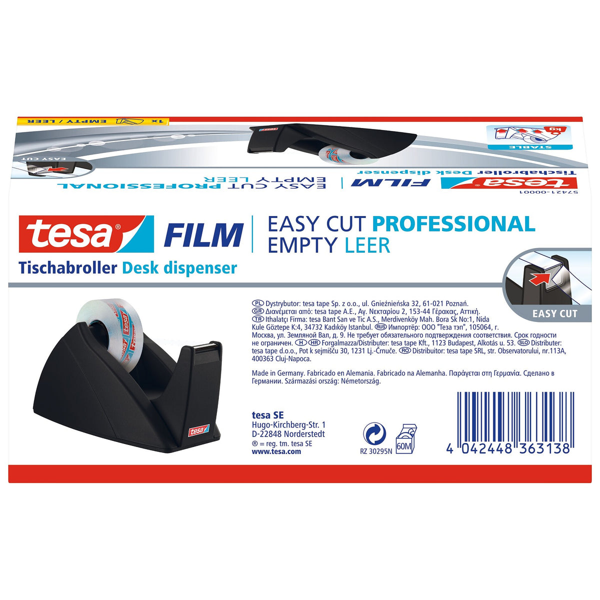 tesa 57421 Easy Cut Table-Top Dispenser, empty, for rolls up to 33 m x 19 mm, black
