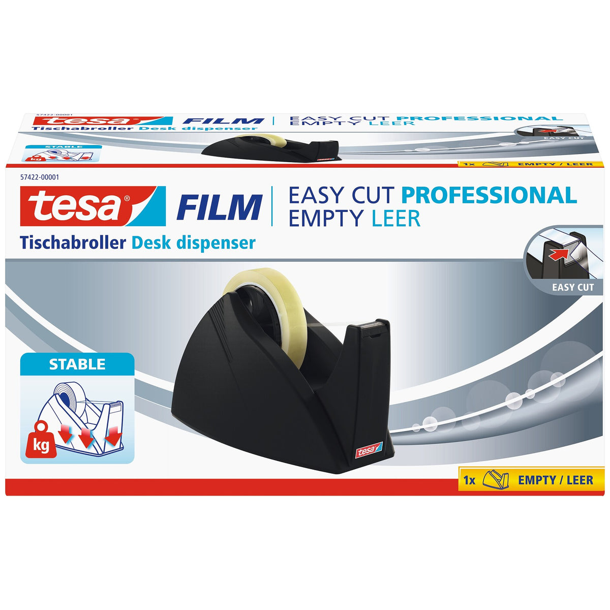 tesa 57422 Easy Cut Table-Top Dispenser, empty, for rolls up to 66 m x 25 mm, black