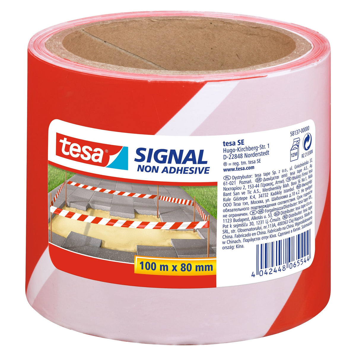 tesa 58137PE Signal Non-Adhesive Caution Tape, 100 m x 80 mm, red and white