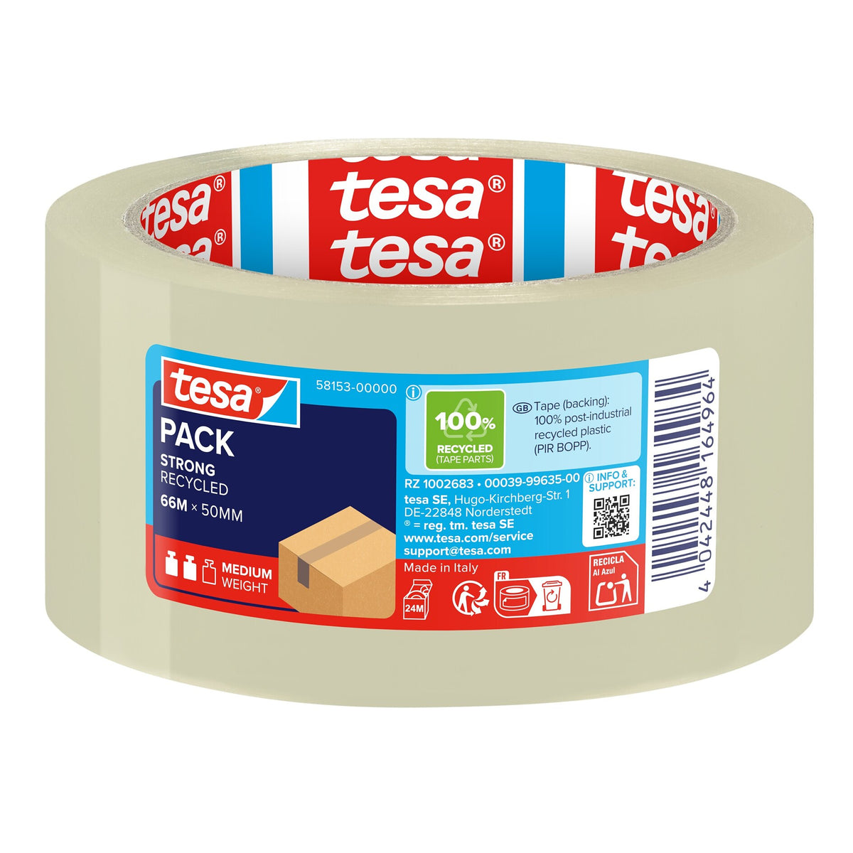 tesapack STRONG RECYCLED Adhesive Tape, 66 m x 50 mm, transparent