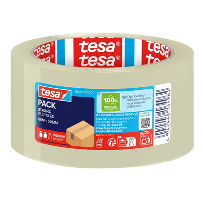 tesapack STRONG RECYCLED Adhesive Tape, 66 m x 50 mm, transparent