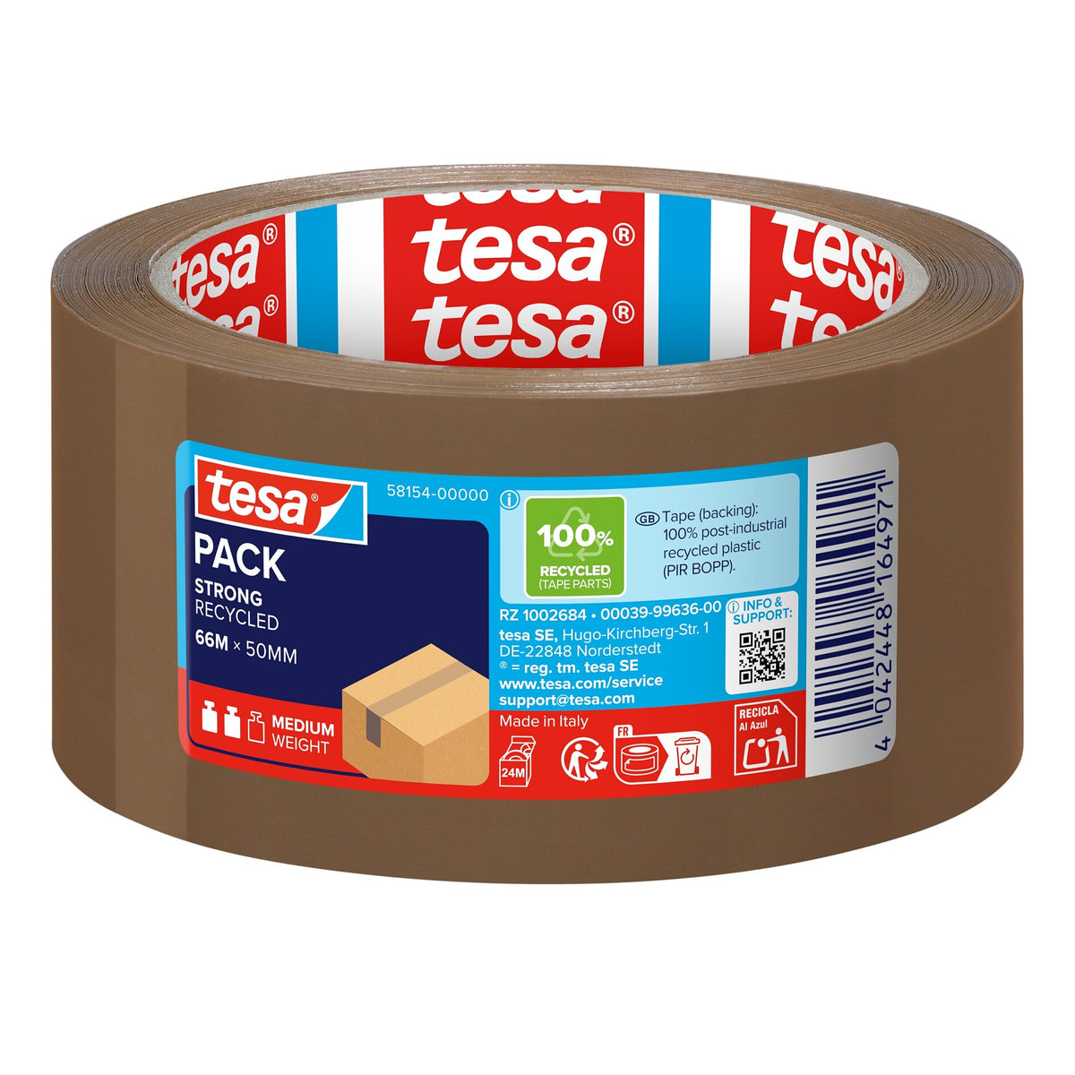 tesapack STRONG RECYCLED Adhesive Tape, 66 m x 50 mm, brown