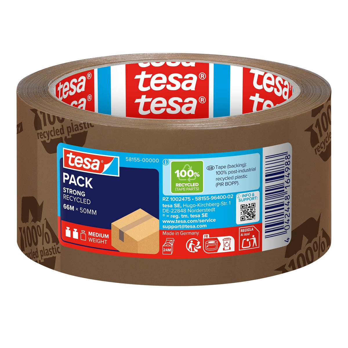 tesapack STRONG RECYCLED Adhesive Tape, 66 m x 50 mm, printed, brown