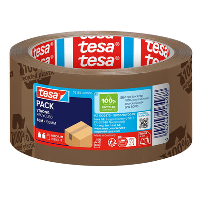 tesapack STRONG RECYCLED Adhesive Tape, 66 m x 50 mm, printed, brown