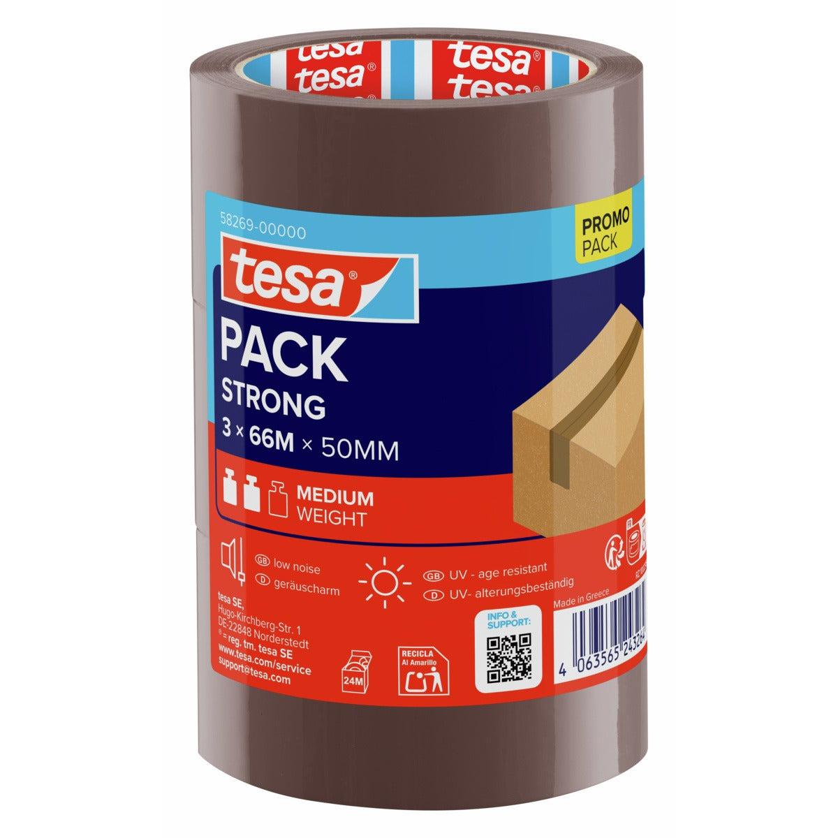 tesapack Strong Cardboard Sealing Tape, brown, 66 m x 50 mm, 3 rolls
