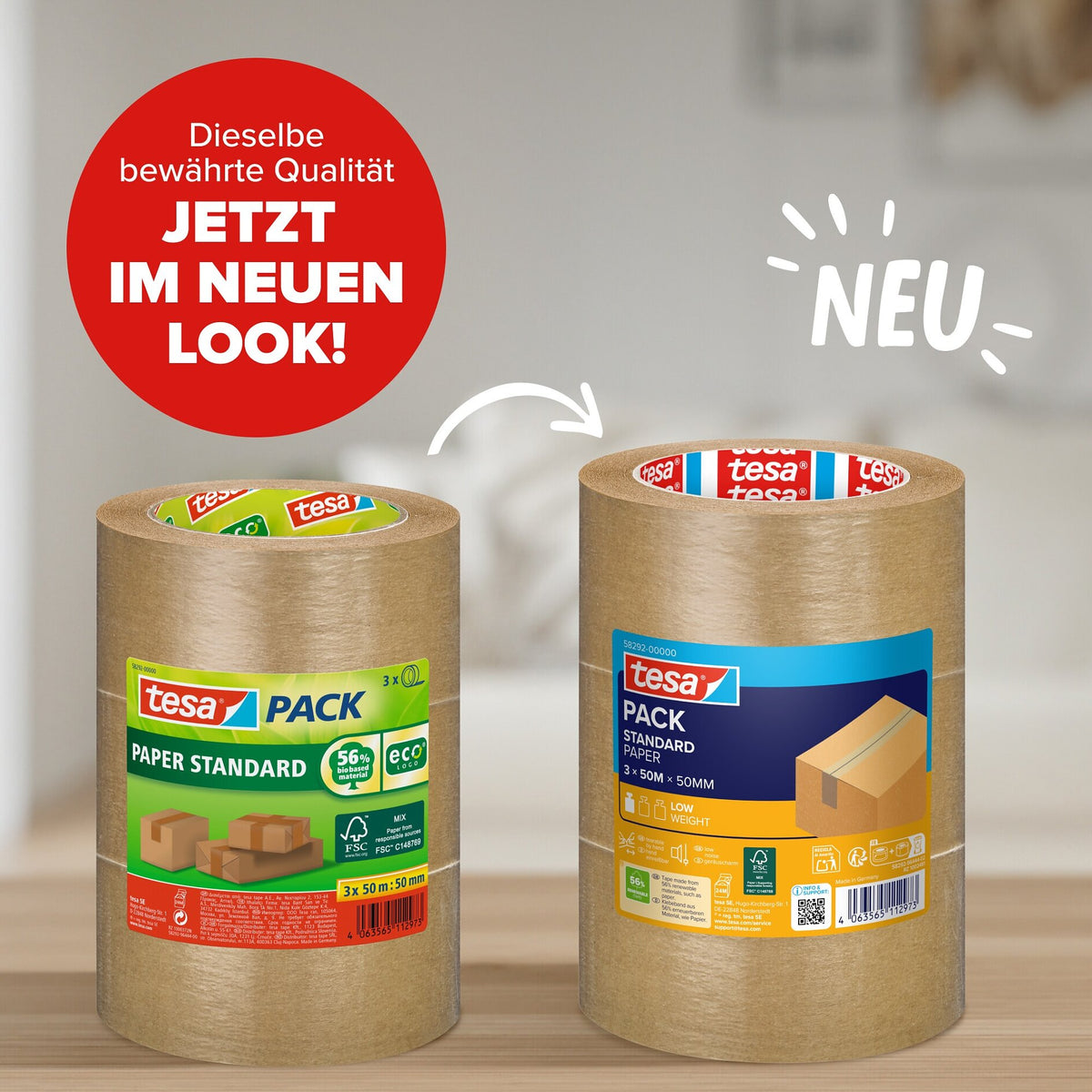 tesapack STANDARD PAPER, chamois, 50 m x 50 mm, 3 rolls – Product Features