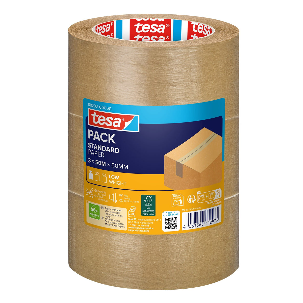 tesapack STANDARD PAPER, chamois, 50 m x 50 mm, 3 rolls