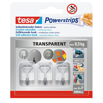 tesa Powerstrips Self-Adhesive Hooks with Removable Wire Hooks, Clear