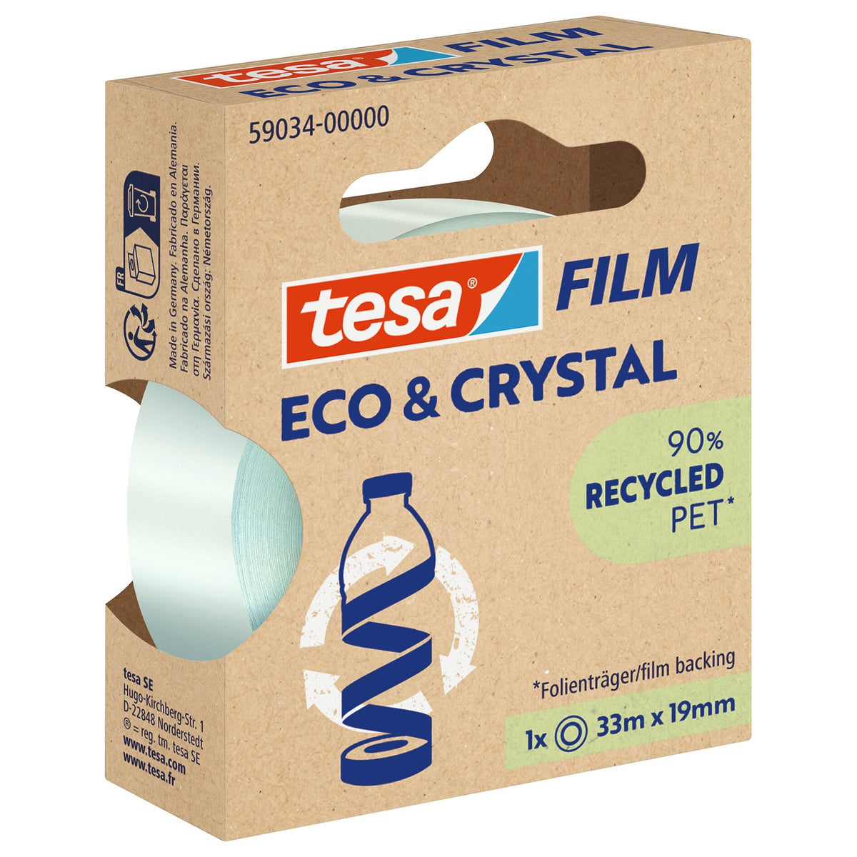 tesafilm Eco & Crystal, transparent, in a hinged folding box, 33 m x 19 mm