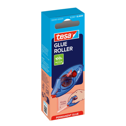 tesa GLUE ROLLER Permanent Disposable, 8.5 m x 8.4 mm, clear, in a hanging folding box