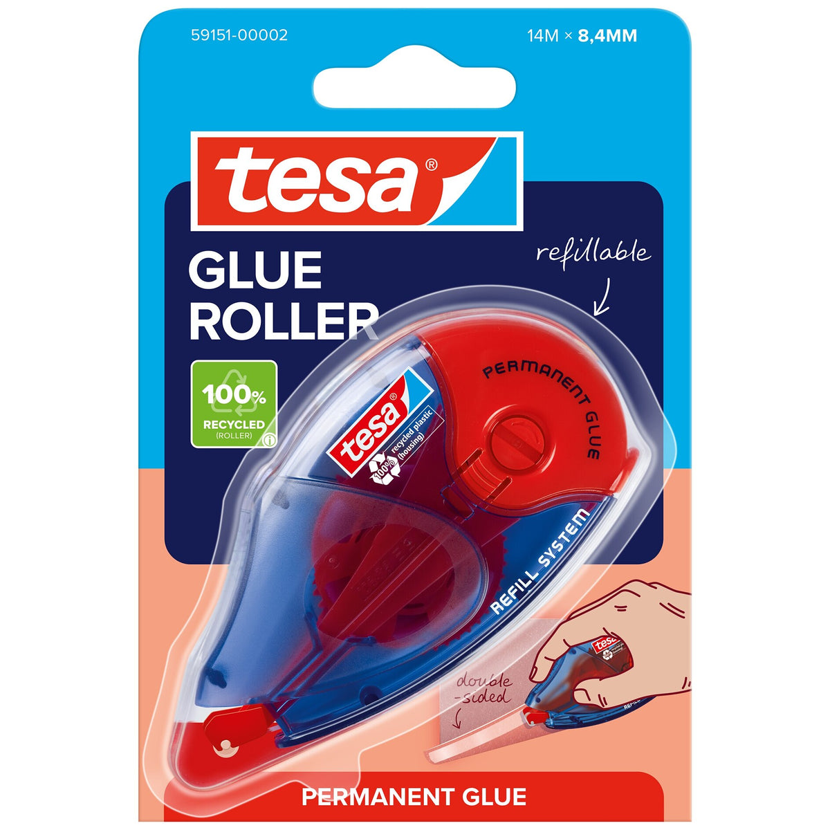 tesa GLUE ROLLER Permanent, clear, refill, ecoLogo, 14 m x 8.4 mm