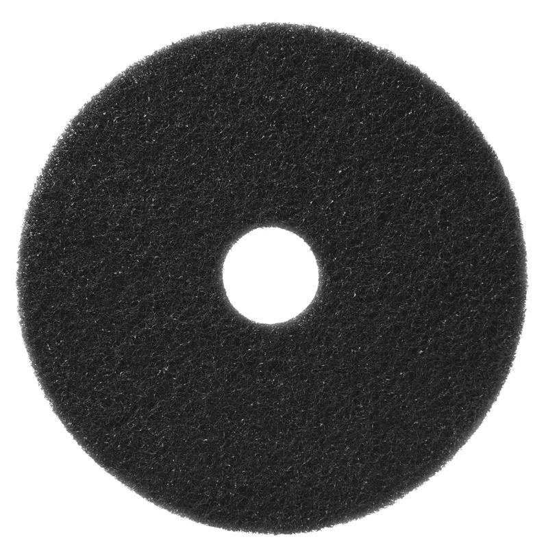 The TASKI Americo Pad Black, an aggressive scrub pad from Diversey Deutschland GmbH & Co. OHG, features a round black design with a coarse texture and a center hole, making it ideal for demanding cleaning tasks. Shown on a white background.