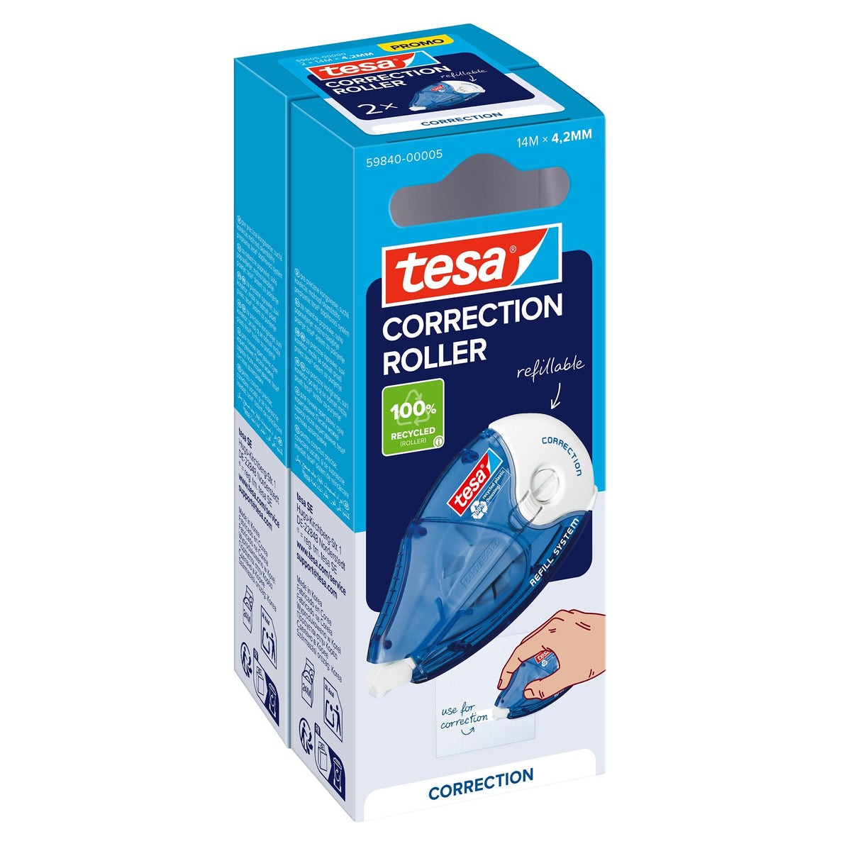 tesa CORRECTION ROLLER, white, in a hanging folding box, 14 m x 4.2 mm