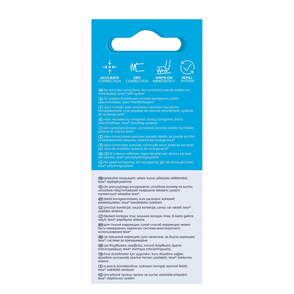 tesa CORRECTION ROLLER, white, in a hanging folding box, 14 m x 4.2 mm