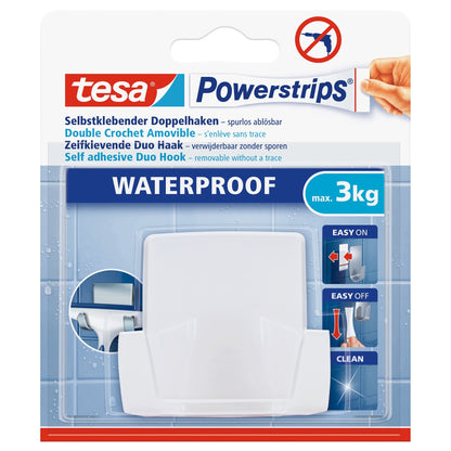 tesa Powerstrips Waterproof Wave Double Hooks, White