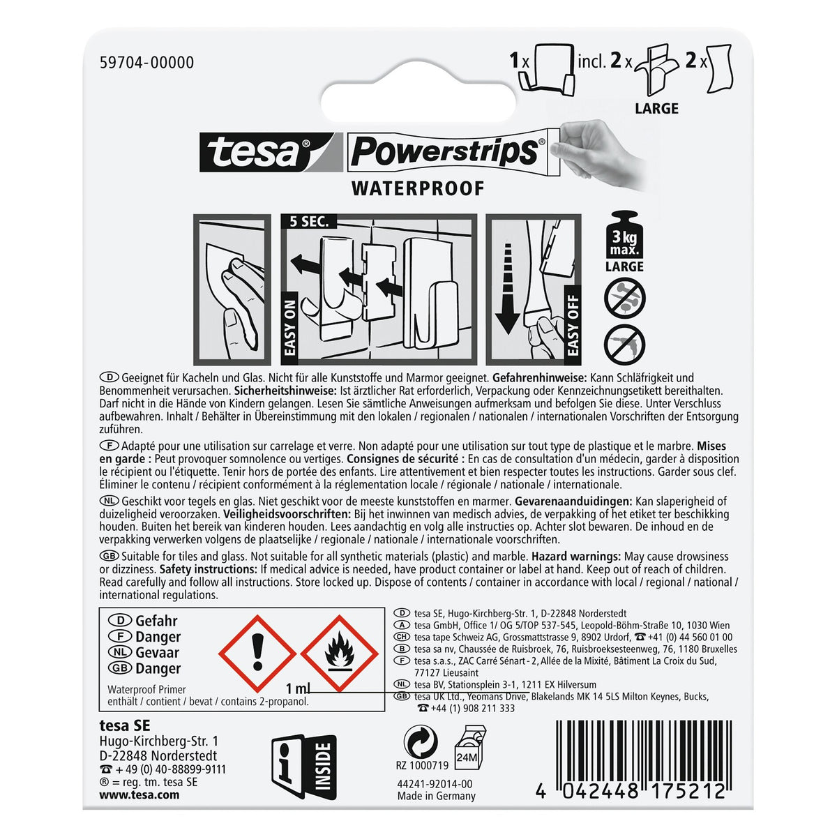 tesa Powerstrips Waterproof Wave Double Hooks, White