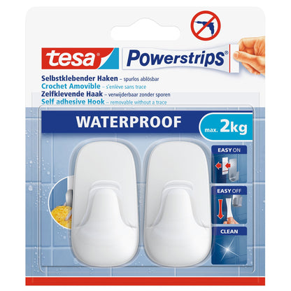 tesa Powerstrips Hooks, Waterproof L, Plastic, White