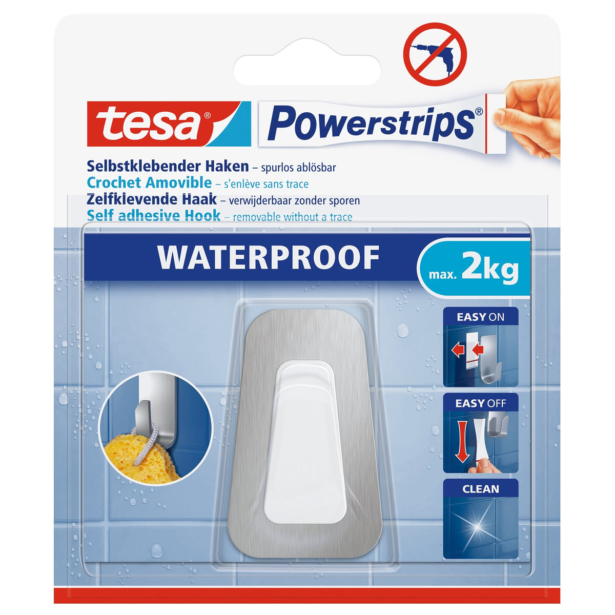 tesa Powerstrips Hooks, Waterproof L, Metal-Plastic, White