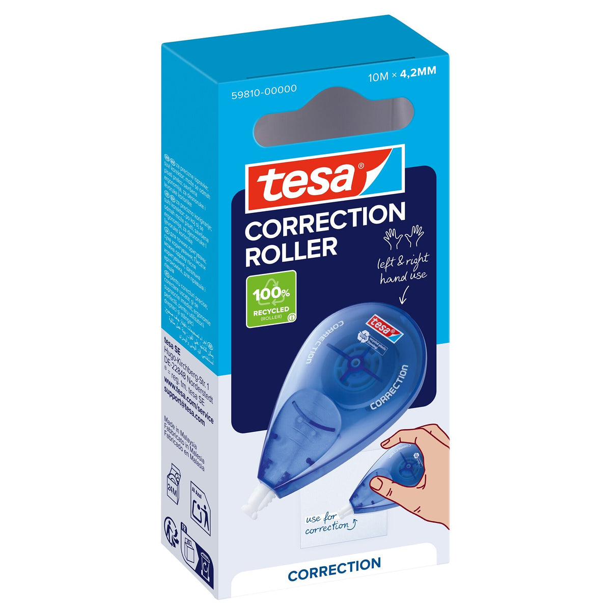 tesa CORRECTION ROLLER Disposable, 10 m x 4.2 mm, white, in a hanging folding box, 1 piece