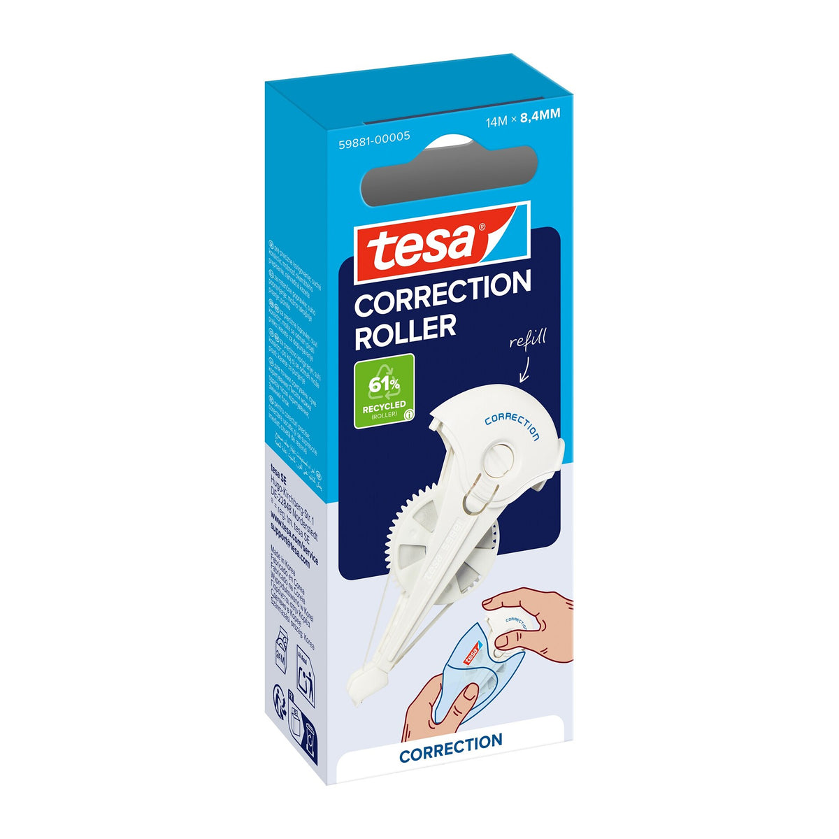 tesa CORRECTION ROLLER, white, in a hanging folding box, refill, 14 m x 8.4 mm