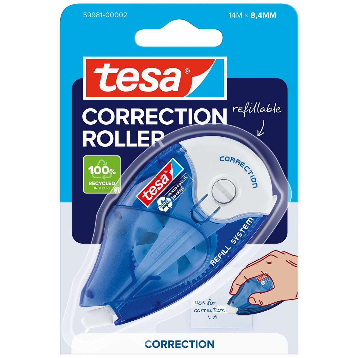 tesa CORRECTION ROLLER, white, refill, ecoLogo, 14 m x 8.4 mm