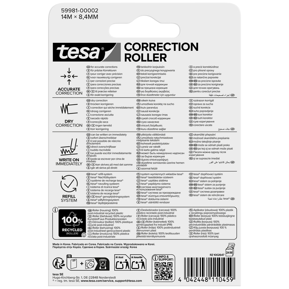 tesa CORRECTION ROLLER, white, refill, ecoLogo, 14 m x 8.4 mm