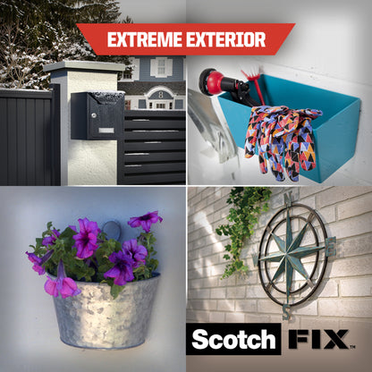 Eine Collage zeigt einen Briefkasten auf einer Säule, eine Kiste mit Bohrmaschine und Handschuhen, einen Metalltopf mit lila Blumen und einen Wandkompass, mit dem Logo der 3M Deutschland GmbH Scotch-FIX™ Extreme doppelseitiges Außenmontageband am unteren Rand.