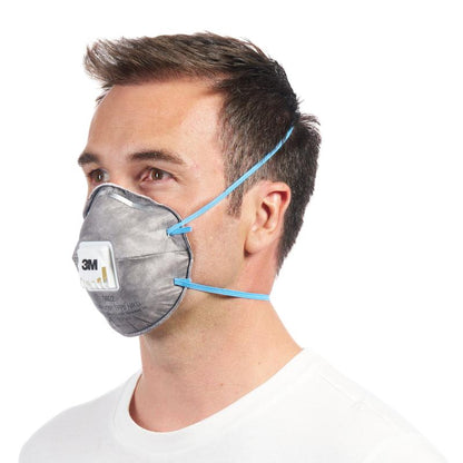 A person wears a 3M™ Cool Flow™ Particulate Respirator 9922 FFP2 with blue straps and ventilation from 3M Deutschland GmbH, covering nose and mouth, from a side angle against a plain white background.
