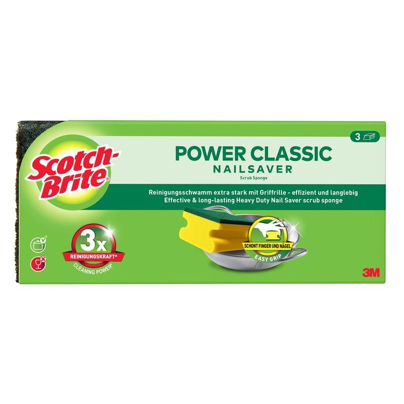 Eine rechteckige Schachtel Scotch-Brite® Classic Griffschwamm der 3M Deutschland GmbH mit Produktabbildungen, Branding und Informationen zur effektiven Reinigung in Deutsch und Englisch.