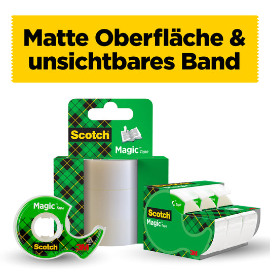 Abgebildet ist das Scotch® Magic™ Unsichtbares Klebeband von 3M Deutschland GmbH: 3 Rollen (19 mm x 25 m) plus 1 Handabroller gratis. Im Hintergrund steht auf gelbem Banner: "Matte Oberfläche & unsichtbares Klebeband.