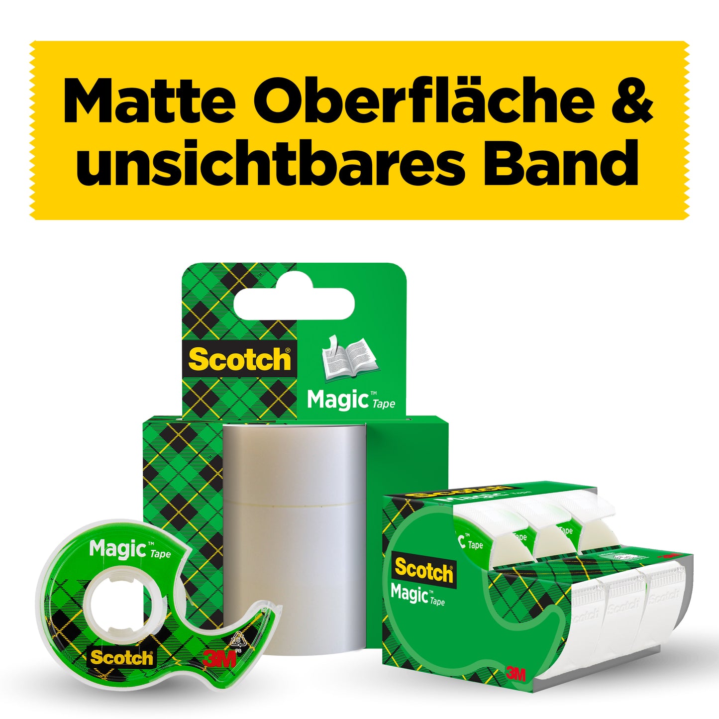 Ein grüner Scotch® Magic™ Spender, eine 3M Deutschland GmbH Nachfüllpackung mit 2 Rollen (19 mm x 7,5 m), und eine Multi-Pack-Box stehen vor ihrer Verpackung. Darüber ein gelbes Banner: "Matte Oberfläche & unsichtbares Band.