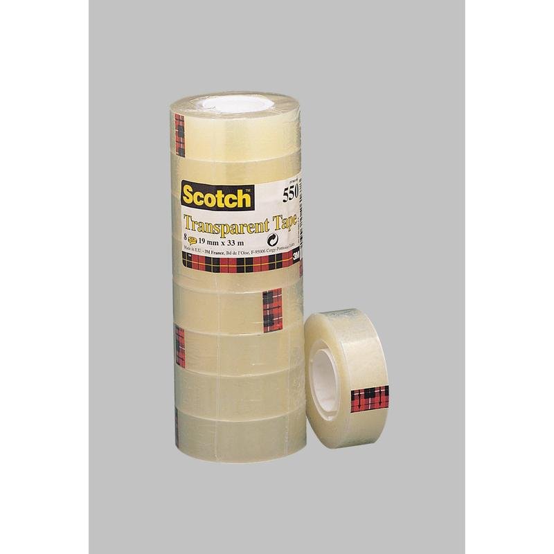 Seven rolls of Scotch® Transparent Tape 550 from 3M Deutschland GmbH with yellow and black labels are stacked next to a single roll, all on a solid gray background.