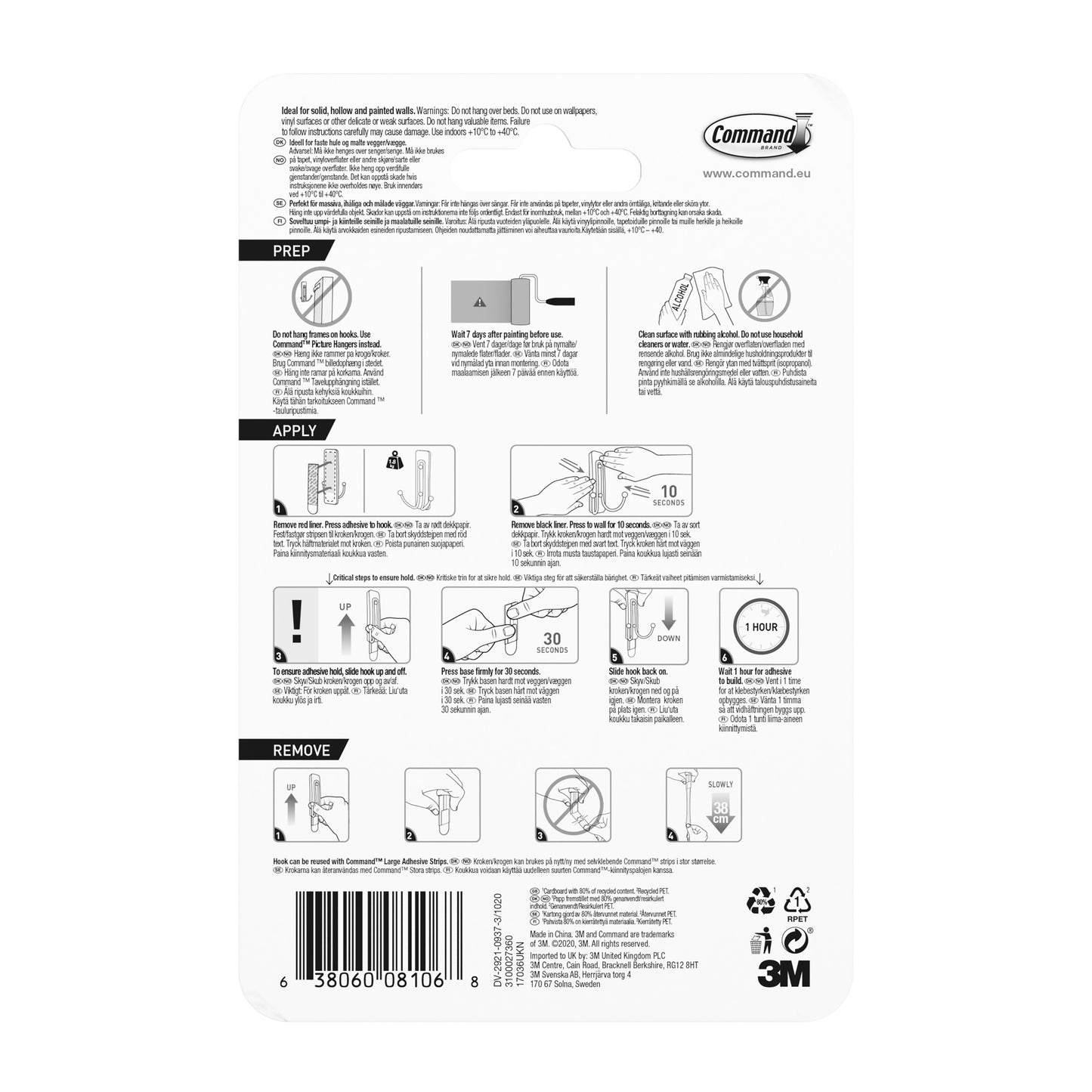 Rückseite eines Command™ Großer Badezimmer-Doppelhaken Nickel satiniert 36FGN (1 Haken, 2 große Strips) von 3M Deutschland GmbH: Schritt-für-Schritt bebilderte Anleitungen zur Verwendung und Entfernung, Warnhinweise und Produktdetails - ideal für die einfache Organisation im Badezimmer.