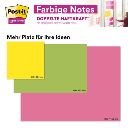 An advertisement image for the Post-it® Super Sticky Meeting Notes (203 mm x 153 mm, various colors, 45 sheets/pad, 6 pads, 100% PEFC) by 3M Deutschland GmbH showcases their versatility and strong adhesive on a window.