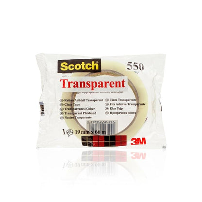 A roll of 3M Deutschland GmbH Scotch® Transparent Tape 550 in the size 19 mm x 66 m in a clear plastic packaging, displaying the brand name, product type, and specifications.