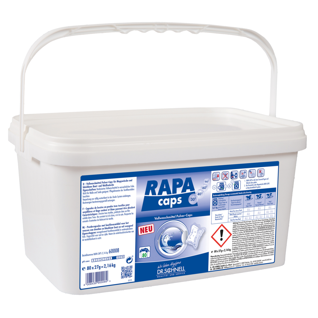 Eine weiße Kunststoffdose mit der Aufschrift "Dr. Schnell RAPA CAPS Vollwaschmittelpulver, manuelle Dosierung, Wäschehygiene" (2160 g) der DR.SCHNELL GmbH & Co. KGaA verfügt über einen Griff, einen blau-weißen Aufkleber, Sicherheitssymbole und eine Anleitung.