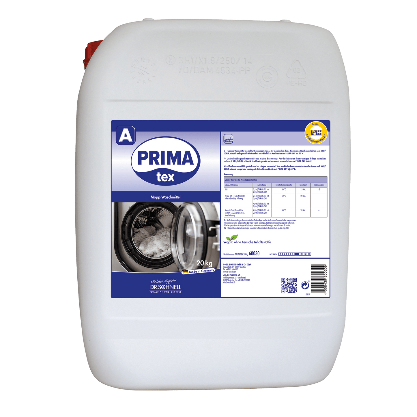 A large white 20 kg plastic container with the label "Dr. Schnell PRIMA TEX" from DR.SCHNELL GmbH & Co. KGaA is equipped with a blue label featuring a washing machine image, dosing table, and yellow certification mark - ideal for professional cleaning.
