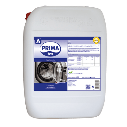 A large white 20 kg plastic container with the label "Dr. Schnell PRIMA TEX" from DR.SCHNELL GmbH & Co. KGaA is equipped with a blue label featuring a washing machine image, dosing table, and yellow certification mark - ideal for professional cleaning.